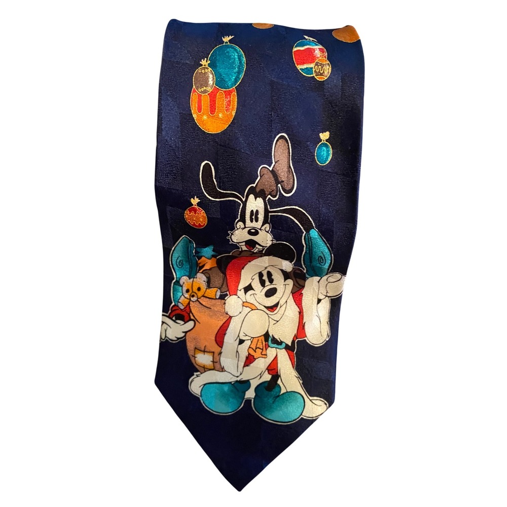 Disney Mickey &  Atlas Design Silk Tie Navy Blue Christmas Mickey Goofy Holiday